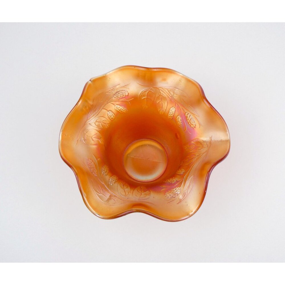 Vintage Marigold Iridescent Carnival Glass Bowl With Embossed Leaf & Blackberry - Picture 7 of 10